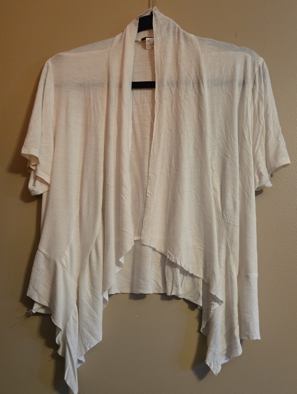 Draped Open-Front White Cardigan with Waterfall Hem